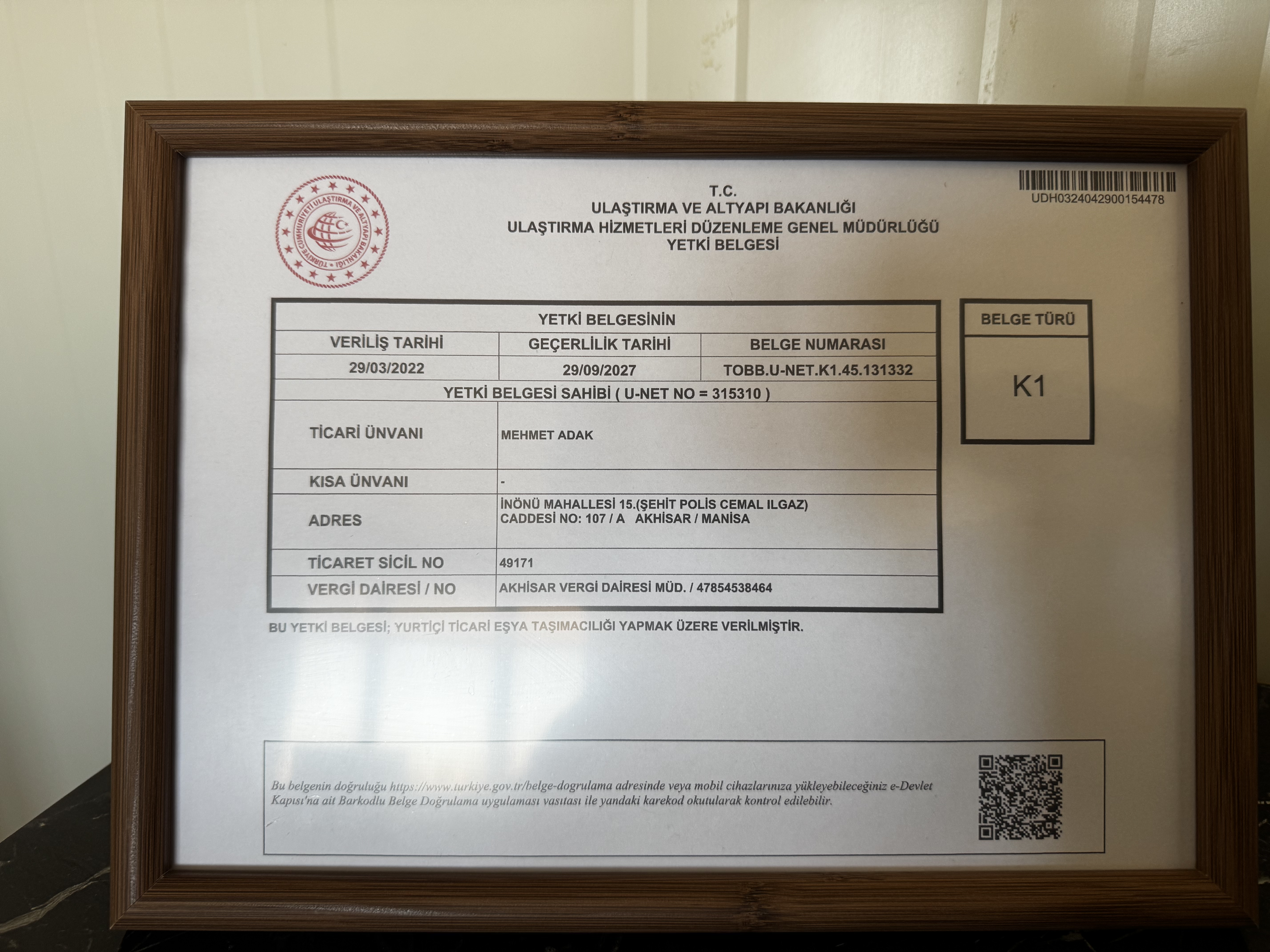 Adak Nakliyat Belge 3